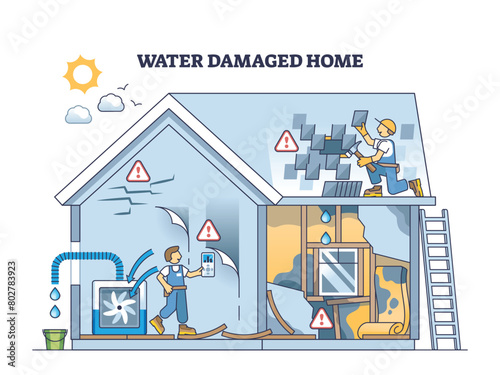 Water damaged home after broken pipe accident and leakage outline concept. Emergency plumbing disaster with damaged walls, floor and roof vector illustration. Mold moisture detection and collecting.