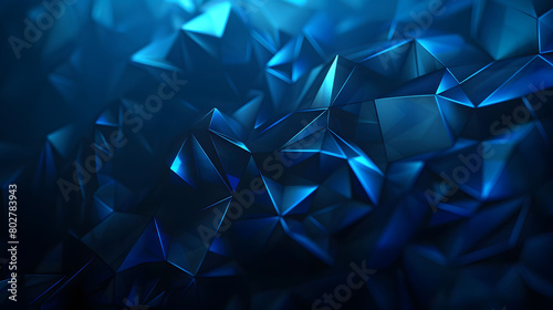 Abstract dark blue background with low poly geometric shapes and glowing lines, in the style of high resolution, high detail, ultra realistic photography