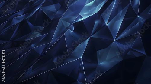 Abstract dark blue background with low poly geometric shapes and glowing lines, in the style of high resolution, high detail, ultra realistic photography