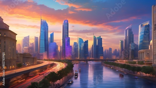 city skyline at dusk : Twilight Metropolis Urban Splendor at Sunset