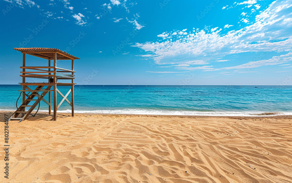 Empty lifeguard tower on beach by sea. Sea holiday safety concept Empty lifeguard tower on beach by sea. Sea holiday safety concept