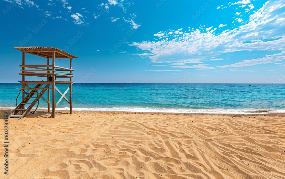 Empty lifeguard tower on beach by sea. Sea holiday safety concept