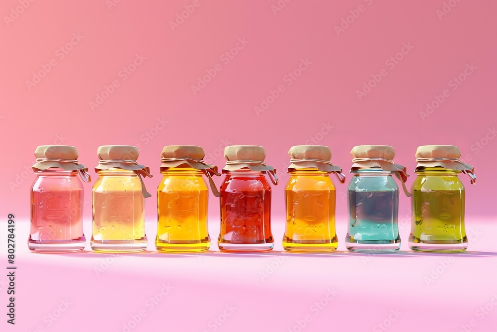 Three jars of different colored liquids sit on a table Three jars of different colored liquids sit on a table