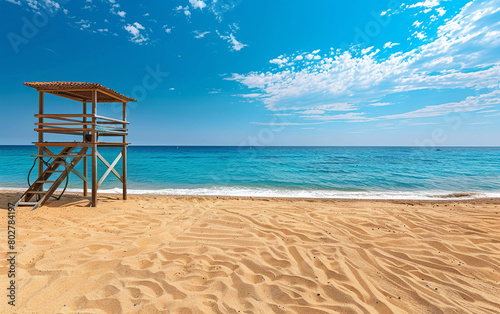 Empty lifeguard tower on beach by sea. Sea holiday safety concept