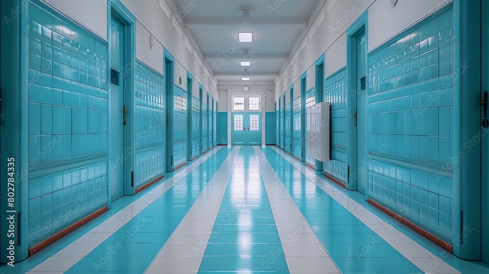 Long corridor inside the building tiled floor green and white