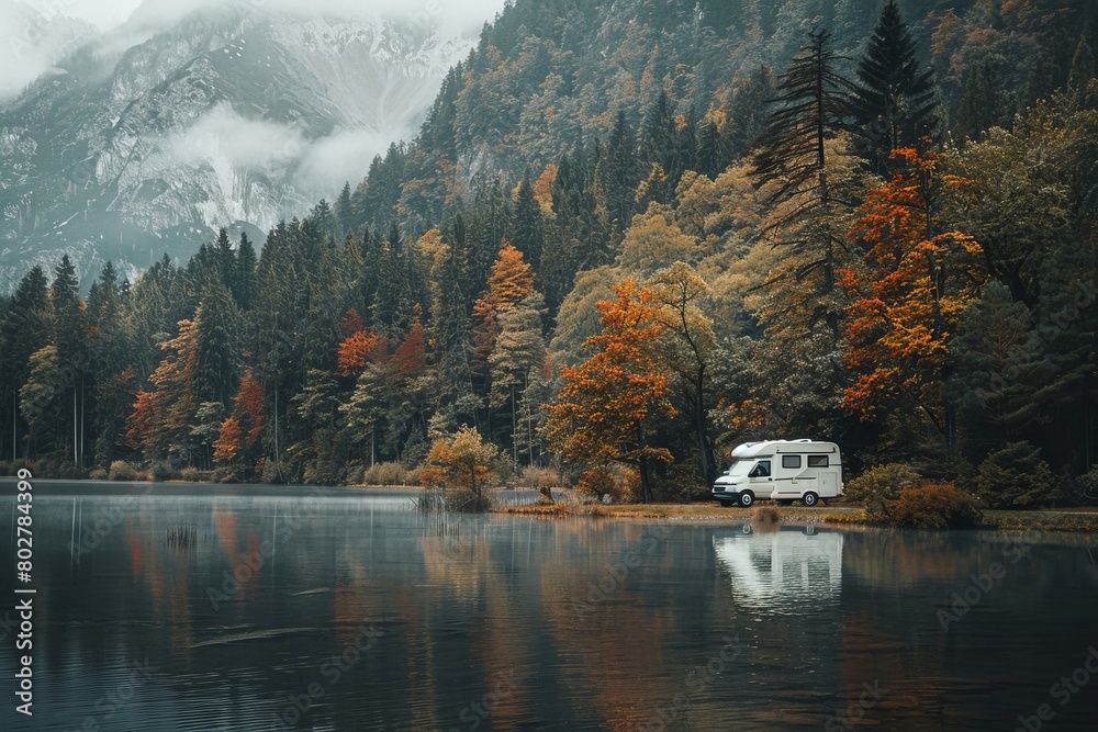 Fototapeta premium Truck is on the road, traveling, camper van parked by a lake, symbolizing the freedom of road trips and outdoor adventures