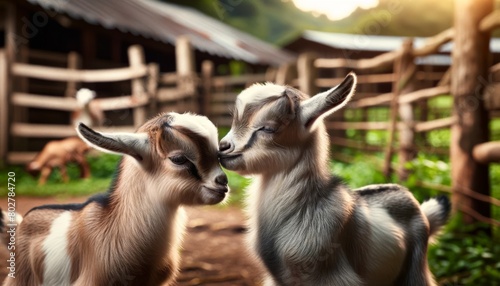 A high-quality, detailed image of two young goats butting heads gently in a playful manner on a farm. photo