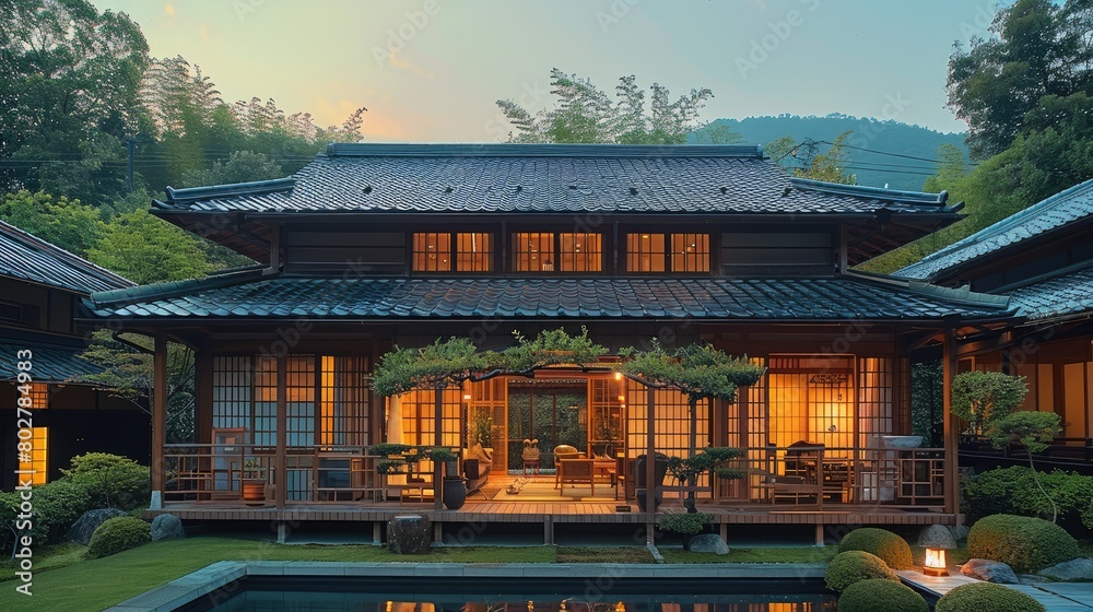 Obraz premium 1-story wooden house, Japanese style, with trellises in front of the house, the house is raised from the ground, there are balconies and terraces around the house. Generative AI.