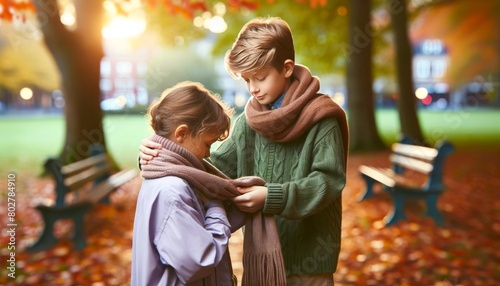 A tender scene of a young boy offering his scarf to a shivering girl during a breezy autumn evening. photo