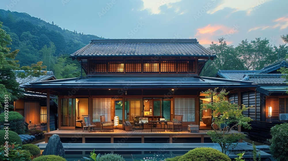 1-story wooden house, Japanese style, with trellises in front of the house, the house is raised from the ground, there are balconies and terraces around the house. Generative AI. 1-story wooden house, Japanese style, with trellises in front of the house, the house is raised from the ground, there are balconies and terraces around the house. Generative AI.
