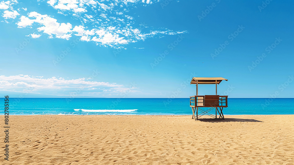 Empty lifeguard tower on beach by sea. Sea holiday safety concept Empty lifeguard tower on beach by sea. Sea holiday safety concept