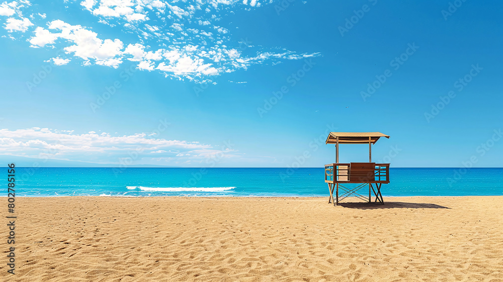 Empty lifeguard tower on beach by sea. Sea holiday safety concept