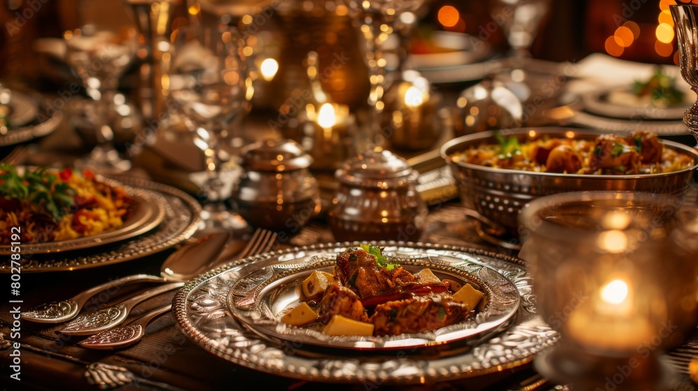 An elegant dinner setting with ornate silverware and candlelight, featuring a spread of flavorful Indian seafood curry.