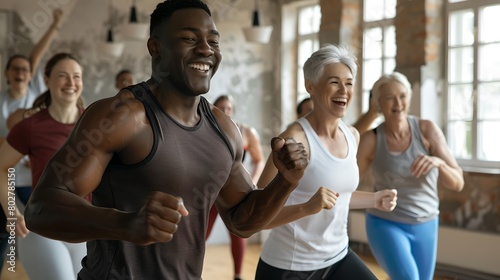 Group of Happy People Enjoying a Dance Fitness Class in a Bright Studio. Excitement and Health Combined in a Fun Workout Session. AI