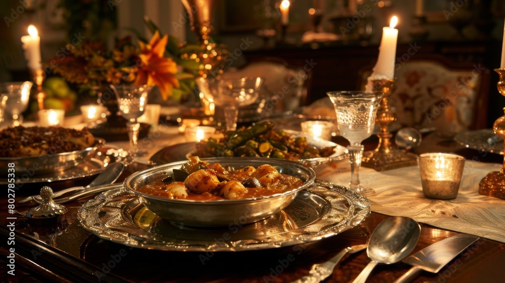 An elegant dinner setting with ornate silverware and candlelight, featuring a spread of flavorful Indian seafood curry.