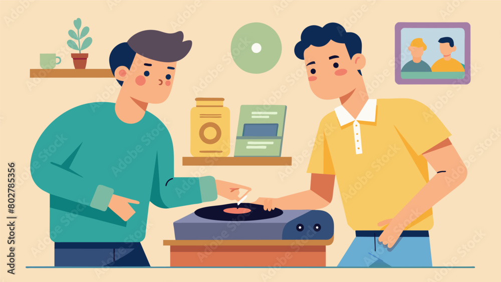 Two friends excitedly work together to put together their new record player laughing and chatting as they carefully follow the illustrated Vector illustration Two friends excitedly work together to put together their new record player laughing and chatting as they carefully follow the illustrated Vector illustration