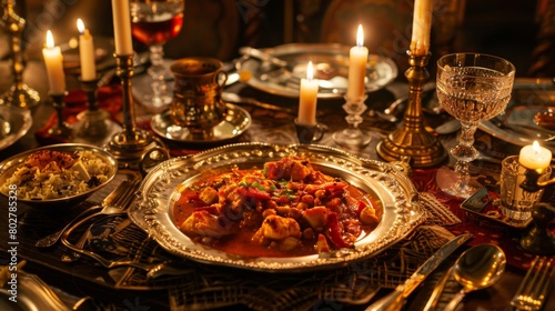 An elegant dinner setting with ornate silverware and candlelight  featuring a spread of flavorful Indian seafood curry.