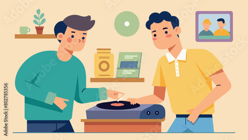 Two friends excitedly work together to put together their new record player laughing and chatting as they carefully follow the illustrated Vector illustration