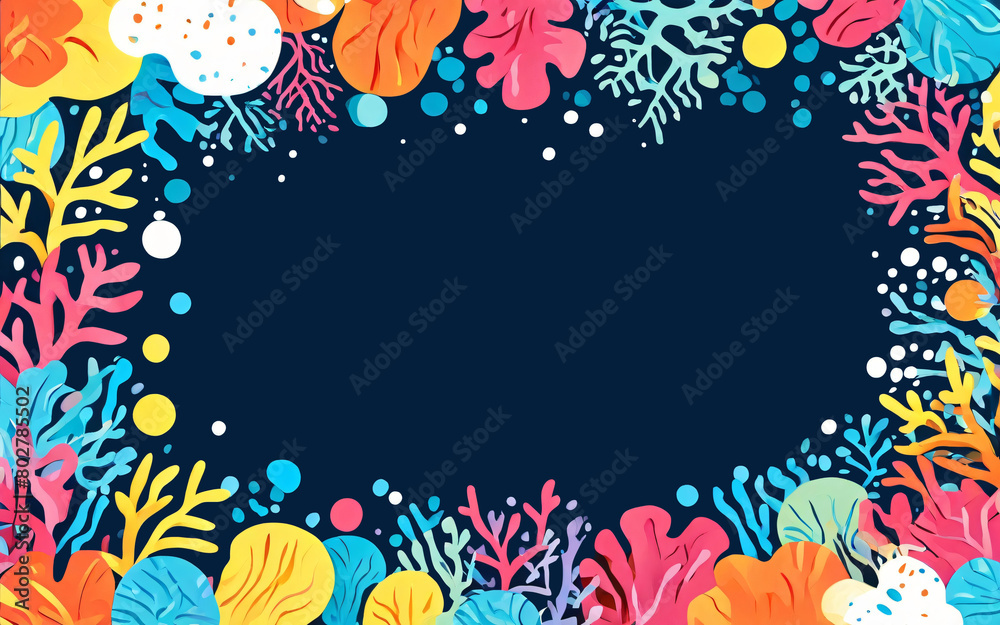 Hand drawn colorful reef frame with blue background, empty space for design.