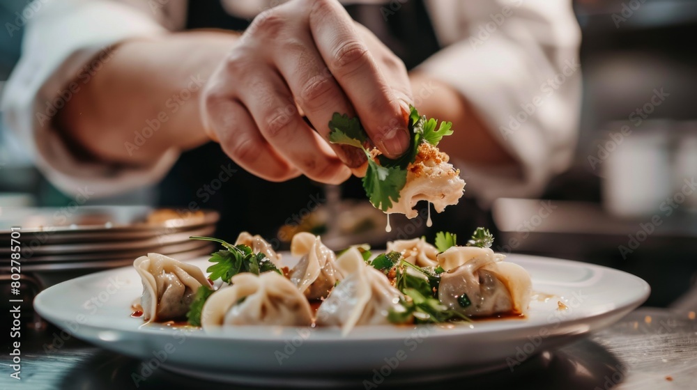 An Indian chef garnishing a plate of vegetable momos with fresh cilantro leaves and a drizzle of tangy sauce, adding the final touches.