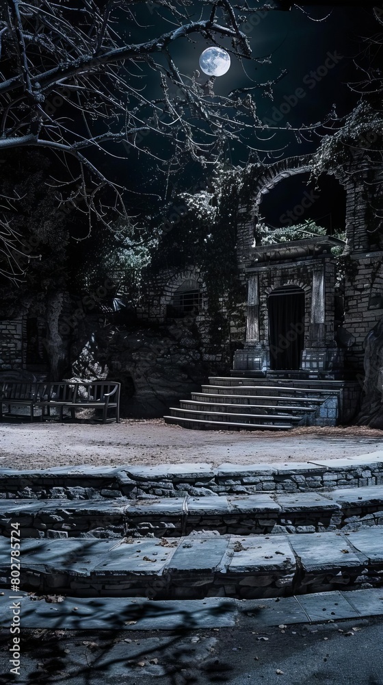 A surreal outdoor theater lit solely by moonlight, where shadows cast by actors create a dramatic play, blending reality with the mystical allure of night