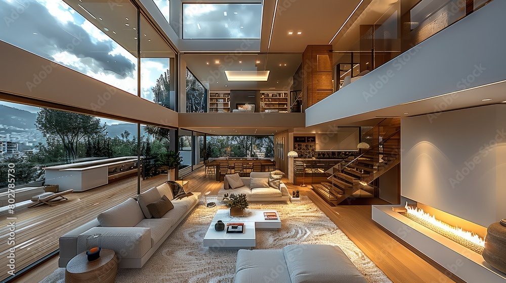 The super large living room, super large skylight, stairs, sofa, fireplace, warm, and ultra high definition glass create a grand and ultra high definition feeling. Generative AI. The super large living room, super large skylight, stairs, sofa, fireplace, warm, and ultra high definition glass create a grand and ultra high definition feeling. Generative AI.
