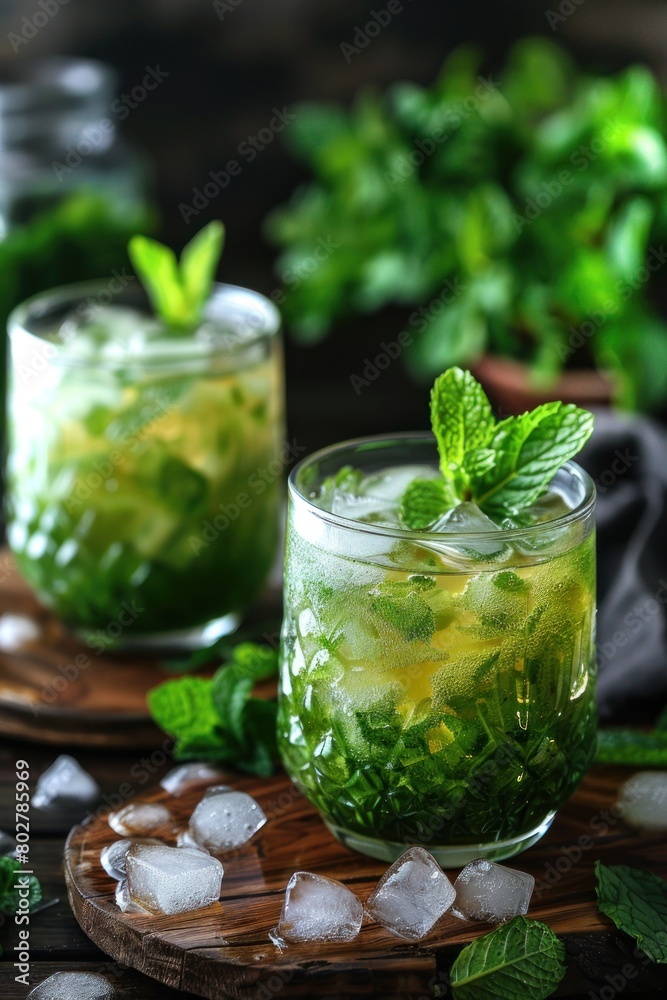 Close-up of two glasses filled with mint cocktails on a wooden table Close-up of two glasses filled with mint cocktails on a wooden table