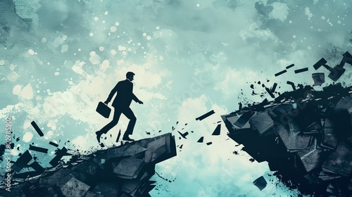 Man running across crumbling platforms, symbolizing the risky but necessary leap to resign from an unstable job. photo