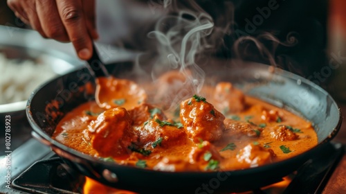 An Indian chef preparing a mouthwatering bowl of butter chicken, adding a final touch of fresh cream before serving.