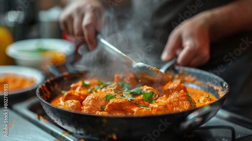 An Indian chef preparing a mouthwatering bowl of butter chicken, adding a final touch of fresh cream before serving.