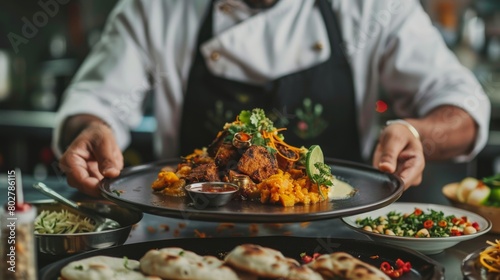 An Indian chef presenting a beautifully plated vegetarian thali, showcasing the diversity and flavors of Indian cuisine.