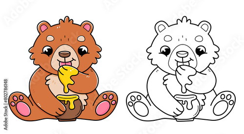 Bear with honey coloring book with coloring example for kids. Coloring page with bear eating honey. Black and white and color version. children s illustration.
