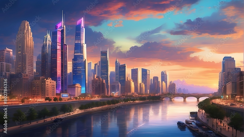 Obraz premium city skyline : Twilight Metropolis Urban Splendor at Sunset