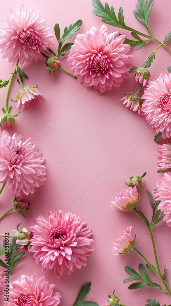 Pink flowers arranged in a circle on a pink background, creating a circular shape with the petals facing outward