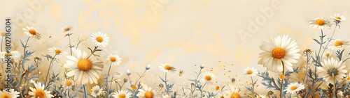 Illustrations of chamomile  daisy flowers  and leaves on craft paper  perfect for vintage wedding invitations  floral greeting cards  or elegant flyers.
