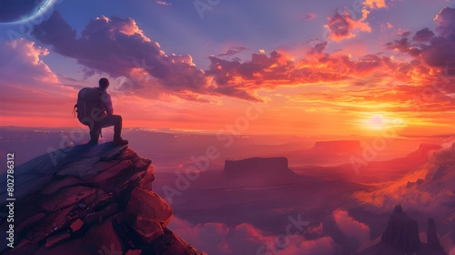 Sundown Contemplation Man on Ledge,  Man standing on top of a cliff looking at sunset  © kinza