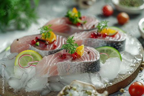 Raw fish steaks on the ice, beautiful food photography style illustration