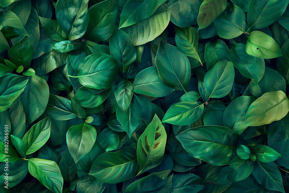 Abstract texture of green leaves against a dark natural background. A top view of tropical leaves for a wallpaper design concept in natural color tones, in the style of nature Abstract texture of green leaves against a dark natural background. A top view of tropical leaves for a wallpaper design concept in natural color tones, in the style of nature