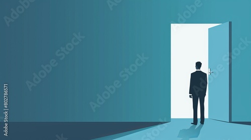 Man facing a large blue wall, contemplating resignation and new beginnings