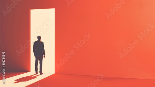 Figure in red room facing exit, contemplating resignation and personal freedom