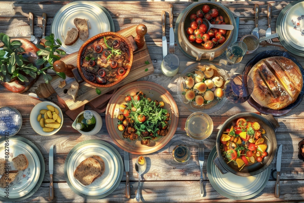 A table with a variety of food and drinks, including a bowl of hummus