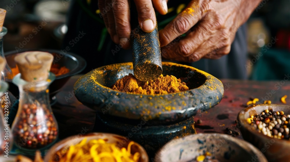 An Indian cook preparing a batch of razala curry paste from scratch, grinding fresh spices to create a rich and flavorful base. An Indian cook preparing a batch of razala curry paste from scratch, grinding fresh spices to create a rich and flavorful base.