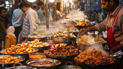An Indian street food stall bustling with customers, the air filled with the enticing aromas of frying snacks and spices.
