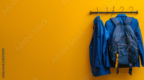Stylish school uniform hanging on rack with backpack a photo
