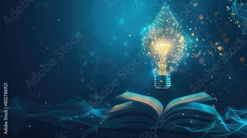 A futuristic visualization featuring a glowing low polygonal book hovering above an electric light bulb, symbolizing the fusion of knowledge and inspiration in creative thinking. photo