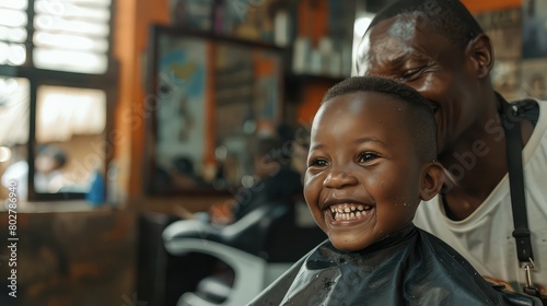 A candid moment captured as the child and the barber share a laugh during the haircut. 