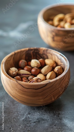 Two wooden bowls filled with a variety of nuts such as pistachios and cashews