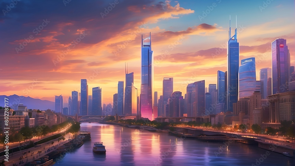 Fototapeta premium sunset over the city : Twilight Metropolis Urban Splendor at Sunset