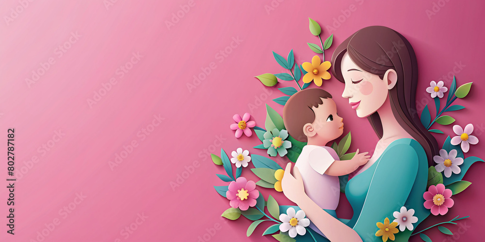 Mother hug child and flowers style paper cut unique style with copy space for text. Happy Mother's day Mother hug child and flowers style paper cut unique style with copy space for text. Happy Mother's day