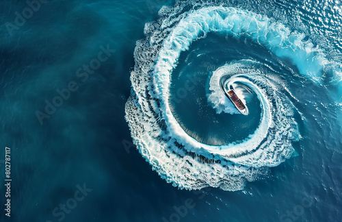 Aerial view of a speedboat creating a circular wave in the blue sea, leaving a white watercolor trail behind it, in a top down drone photo © Sourav Mittal